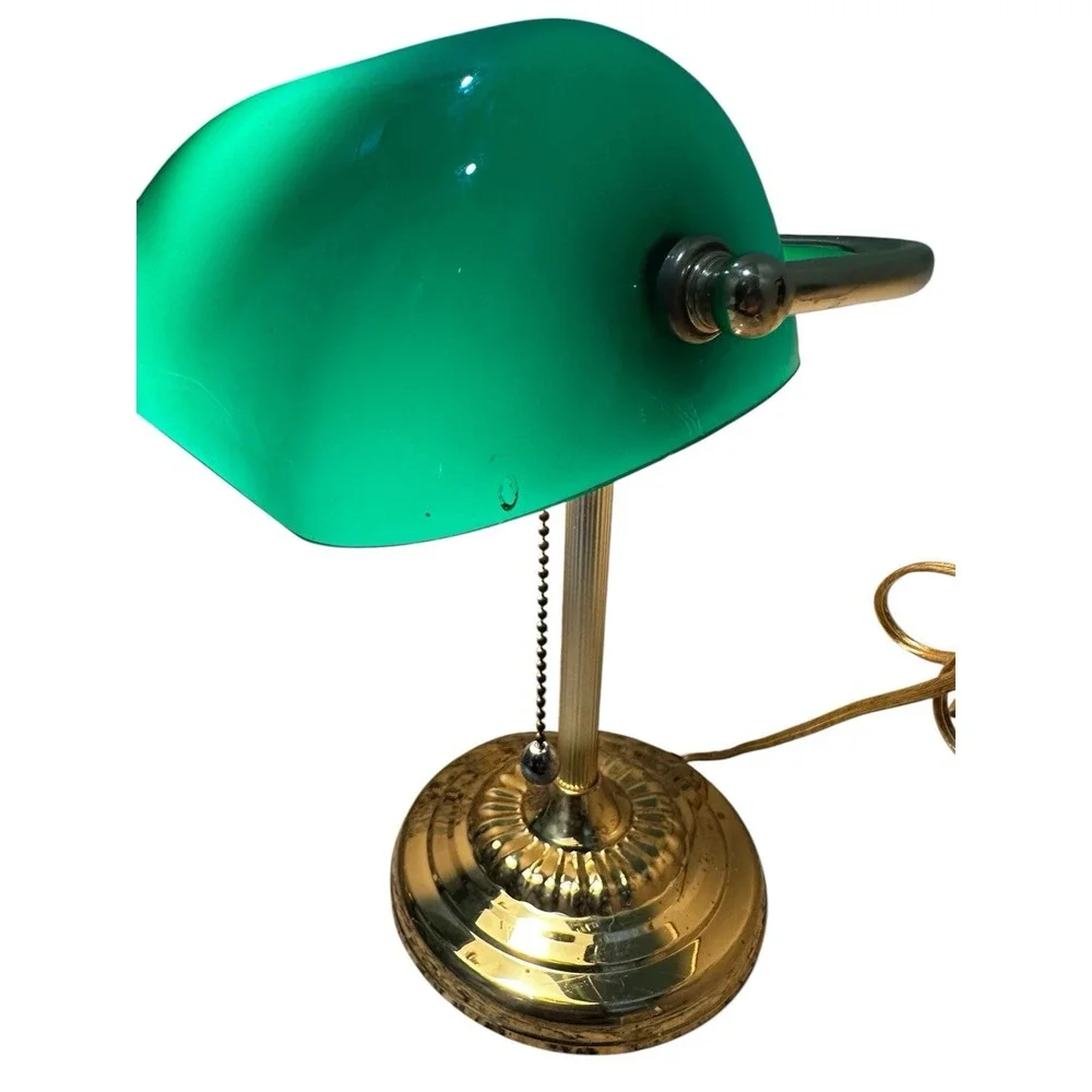 Vintage Brass Bankers Lamp Desk Emerald Green Glass Shade Emeralite 1970s/1980s